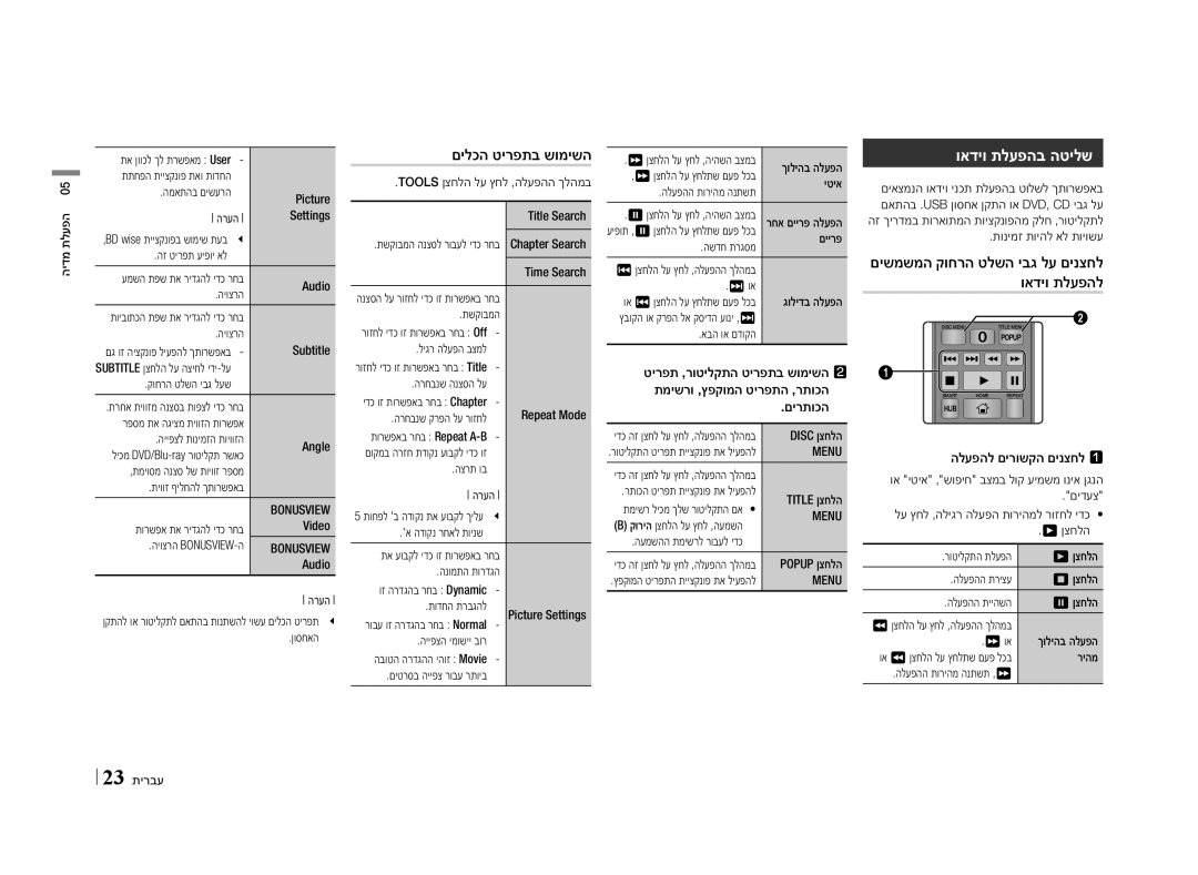 Samsung BD-E5500/SQ manual ואדיו תלעפהב הטילש, םילכה טירפתב שומישה 