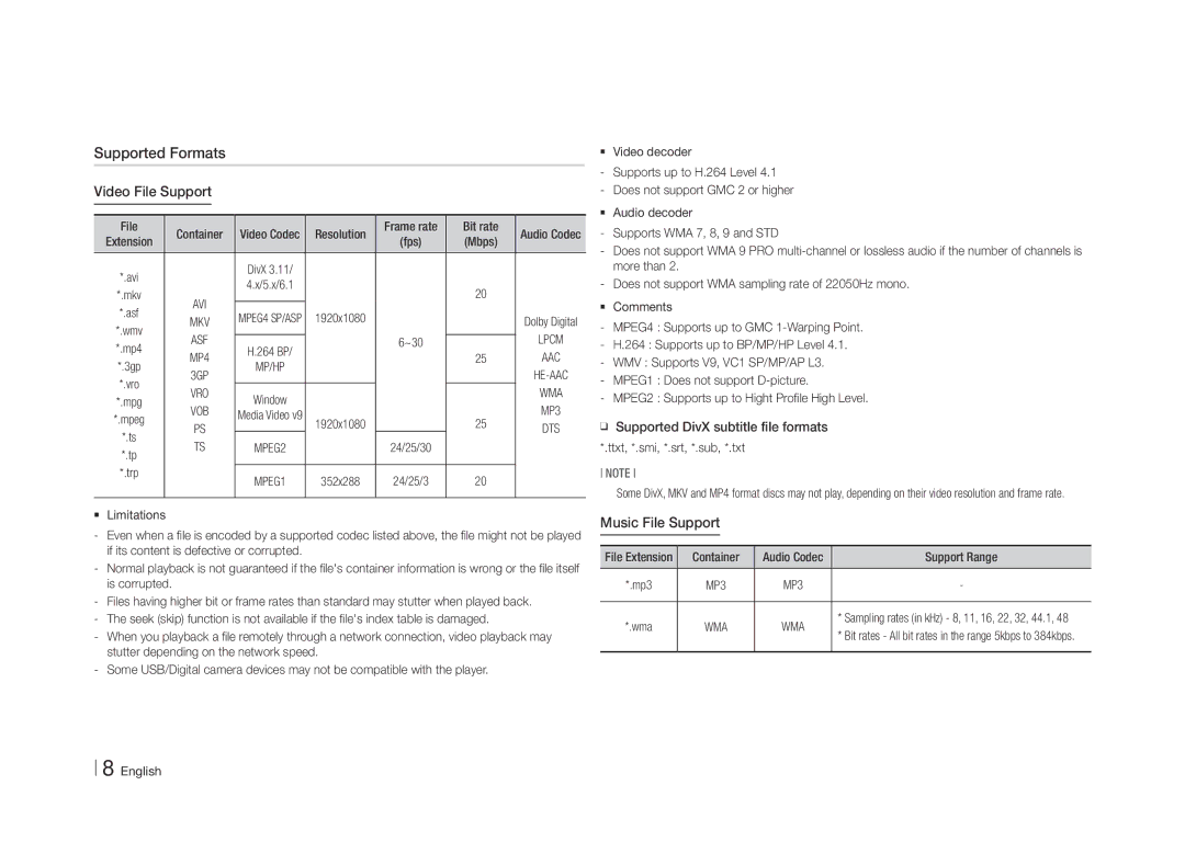 Samsung BD-E5500/SQ manual Supported Formats Video File Support, Music File Support, Vro, Wma 