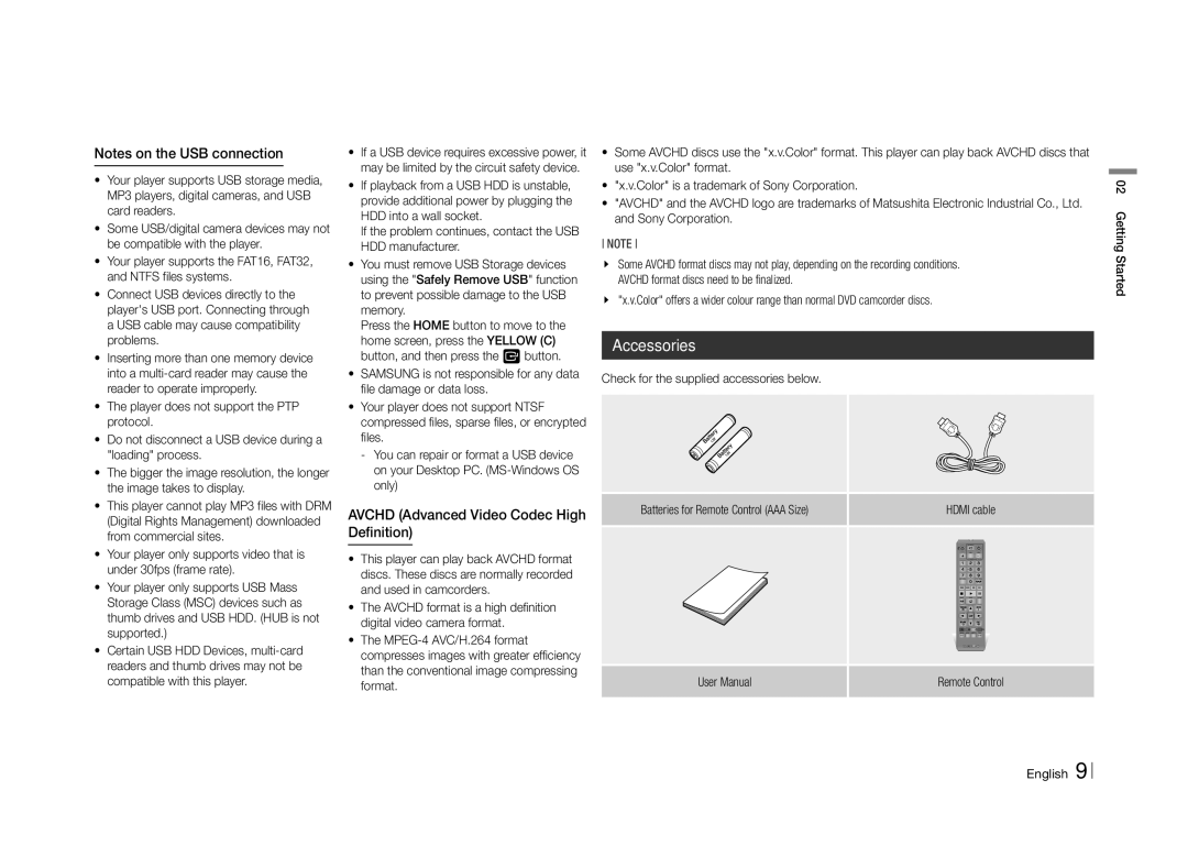 Samsung BD-E5500/SQ Accessories, Avchd Advanced Video Codec High Definition, Check for the supplied accessories below 