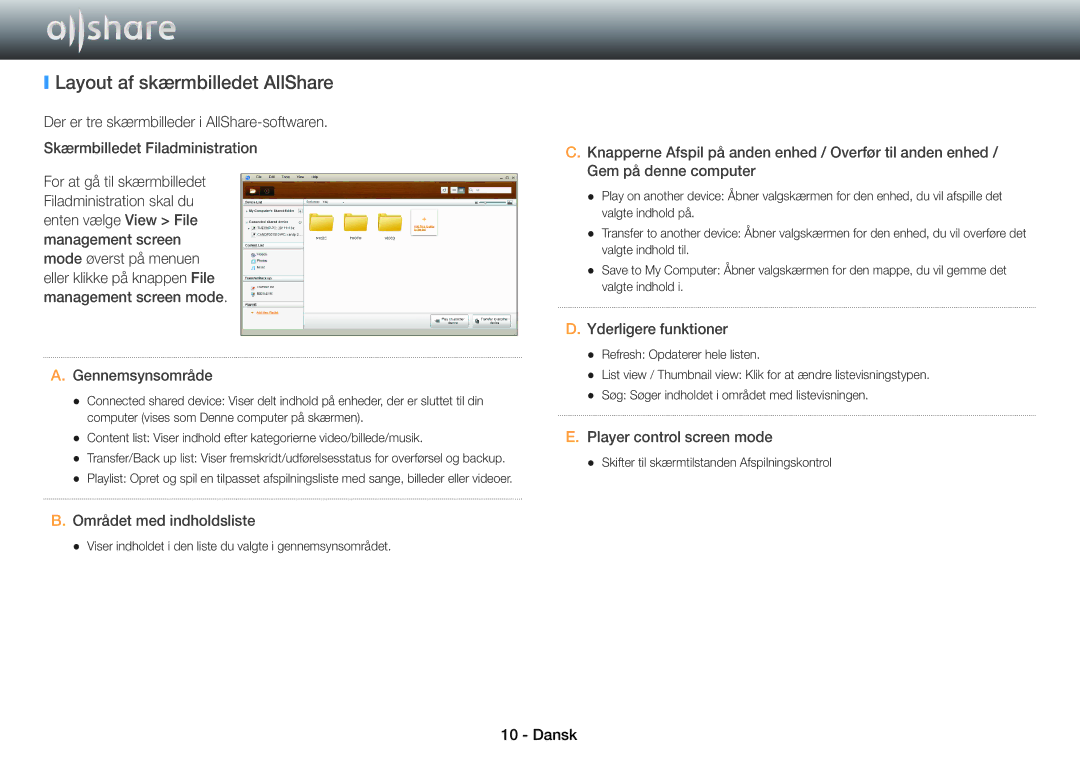 Samsung BD-ES5000/XE, BD-E5500/XE manual Layout af skærmbilledet AllShare, Området med indholdsliste, Yderligere funktioner 