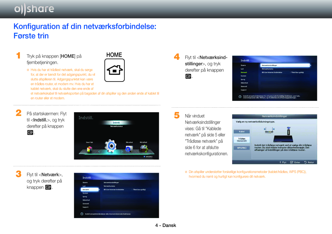 Samsung BD-ES5000/XE, BD-E5500/XE, BD-ES7000/XE manual Konfiguration af din netværksforbindelse Første trin 