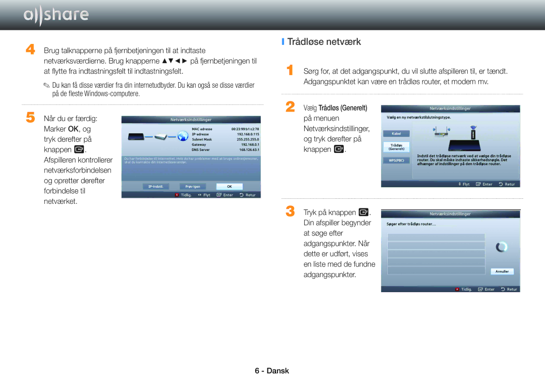 Samsung BD-E5500/XE, BD-ES5000/XE, BD-ES7000/XE manual Trådløse netværk 