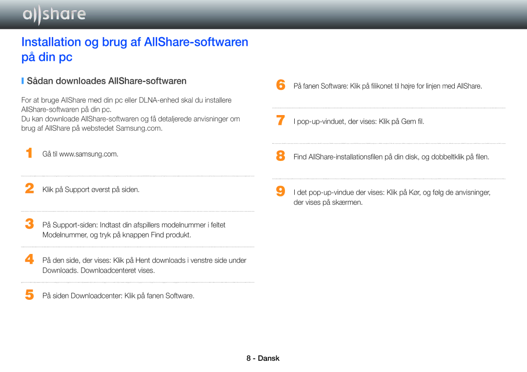 Samsung BD-ES7000/XE manual Installation og brug af AllShare-softwaren på din pc, Sådan downloades AllShare-softwaren 