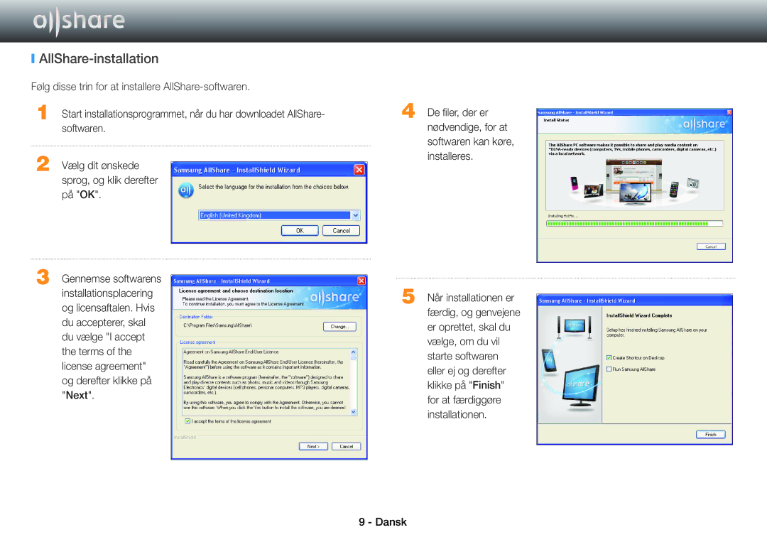 Samsung BD-E5500/XE, BD-ES5000/XE AllShare-installation, Følg disse trin for at installere AllShare-softwaren, Softwaren 