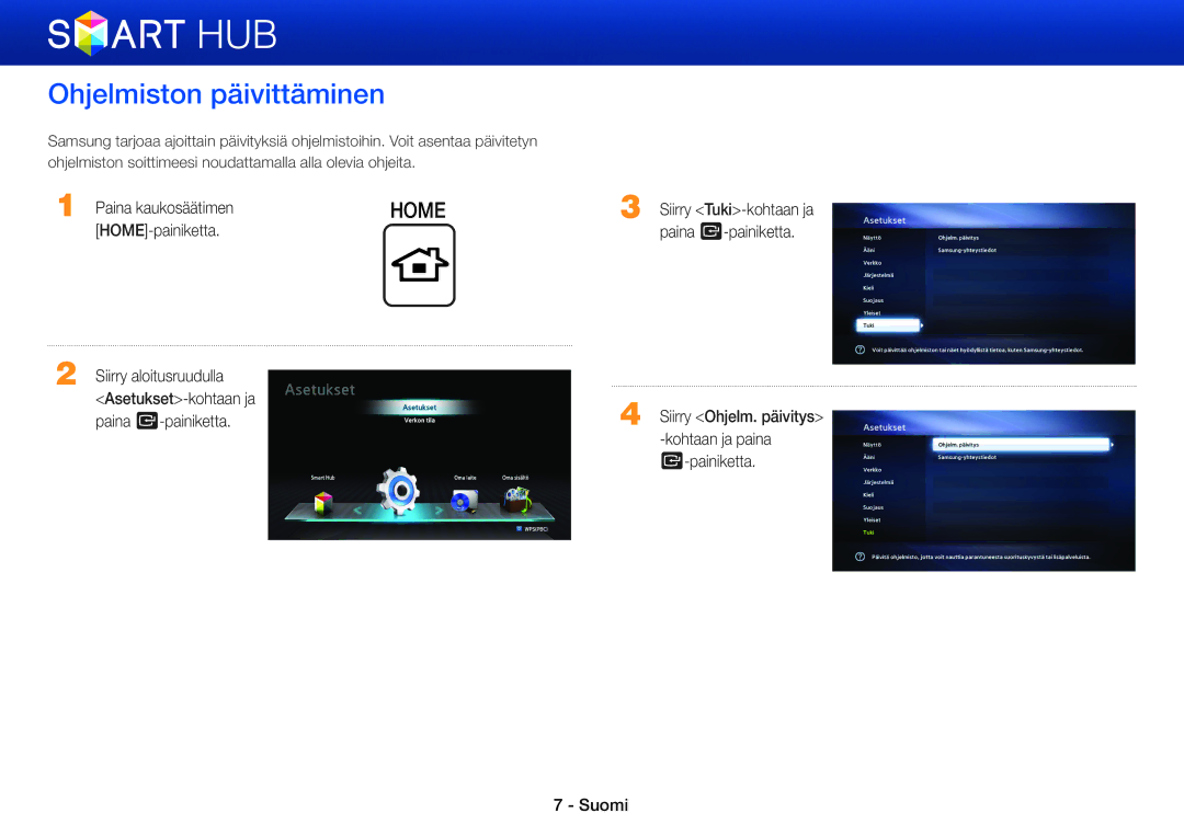 Samsung BD-ES5000/XE, BD-E5500/XE, BD-ES7000/XE manual Ohjelmiston päivittäminen, Paina kaukosäätimen 