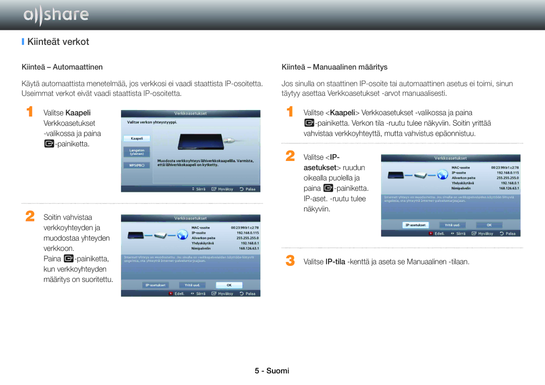 Samsung BD-ES7000/XE, BD-E5500/XE, BD-ES5000/XE manual Kiinteät verkot 