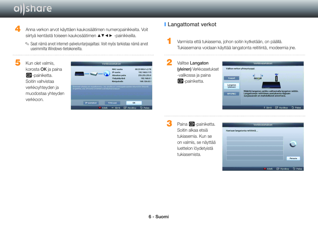 Samsung BD-E5500/XE, BD-ES5000/XE, BD-ES7000/XE manual Langattomat verkot 