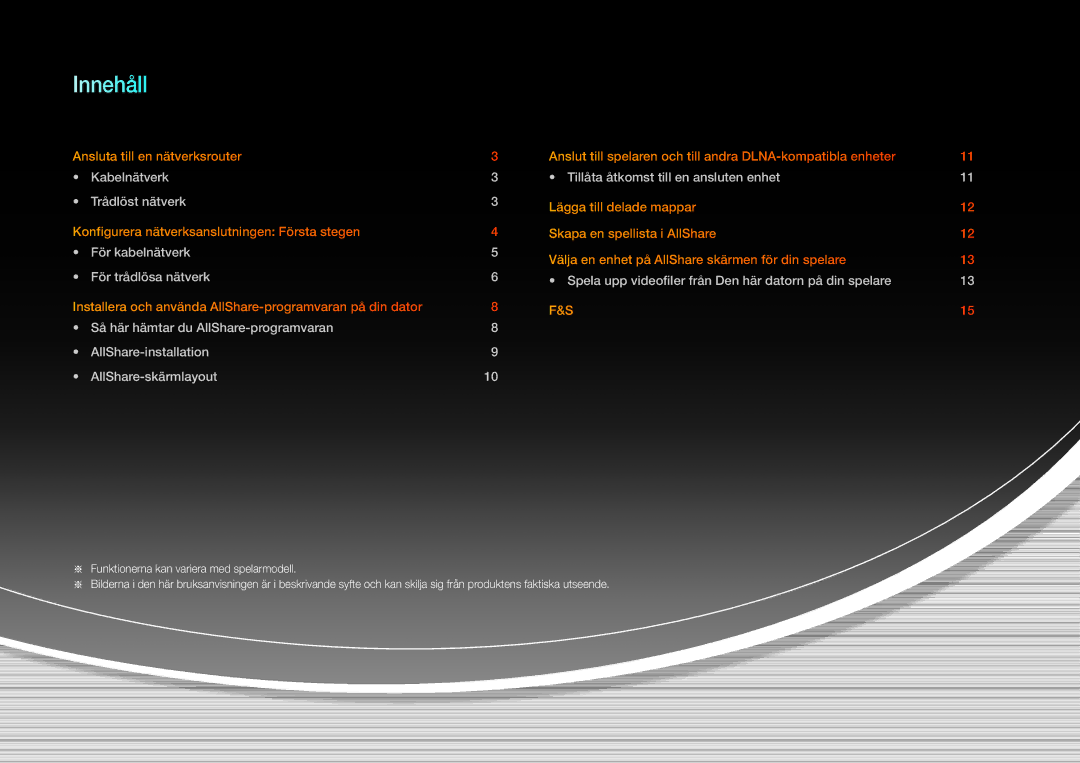 Samsung BD-ES7000/XE, BD-E5500/XE, BD-ES5000/XE manual Innehåll 