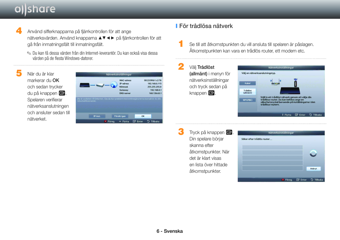 Samsung BD-E5500/XE, BD-ES5000/XE, BD-ES7000/XE manual För trådlösa nätverk 