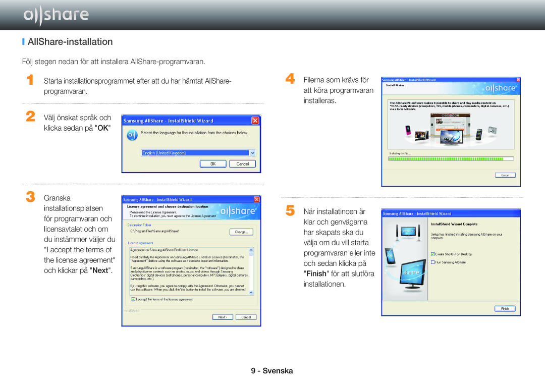 Samsung BD-E5500/XE manual AllShare-installation, Följ stegen nedan för att installera AllShare-programvaran, Programvaran 