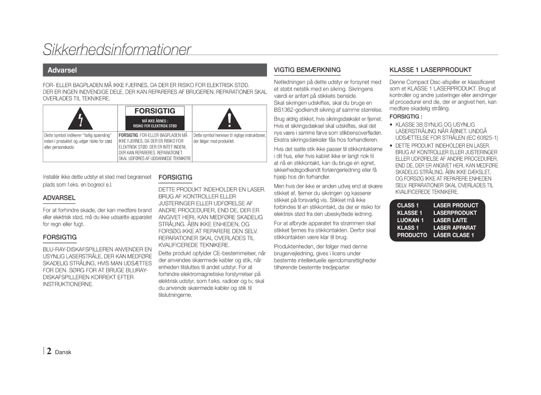 Samsung BD-E5500/XE manual Sikkerhedsinformationer, Forsigtig, Klasse 3B Synlig OG Usynlig 