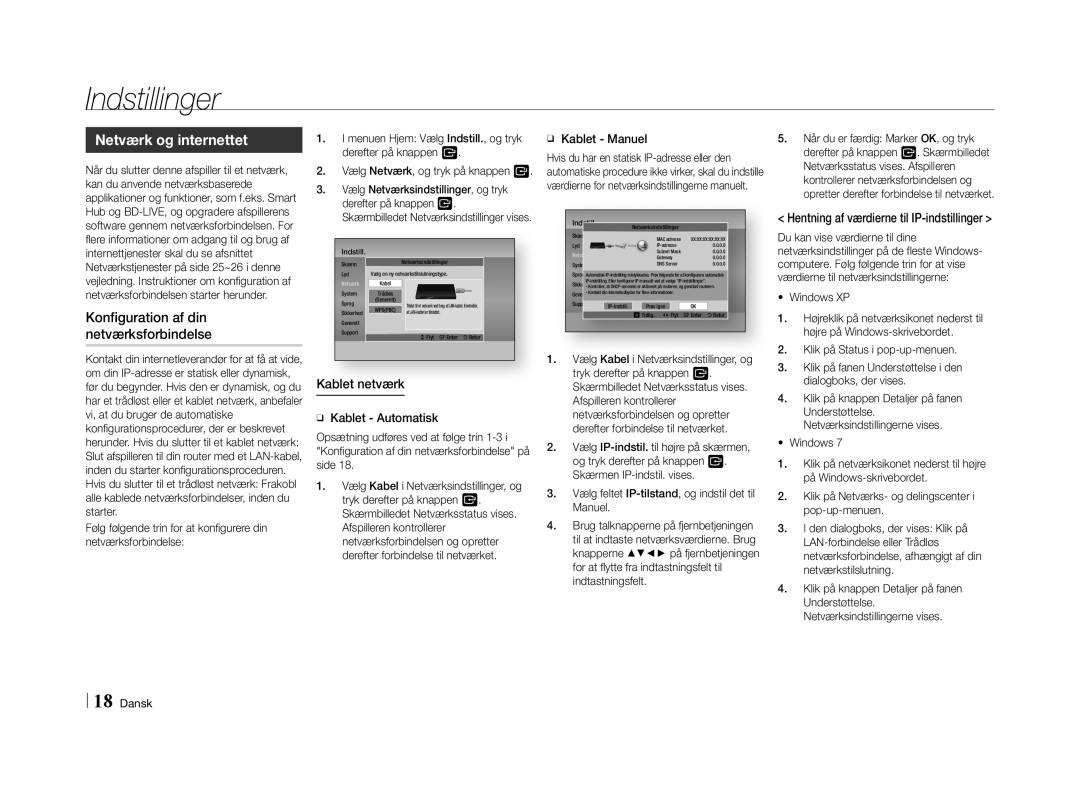 Samsung BD-E5500/XE manual Netværk og internettet, Konfiguration af din netværksforbindelse, ĞĞ Kablet Manuel 