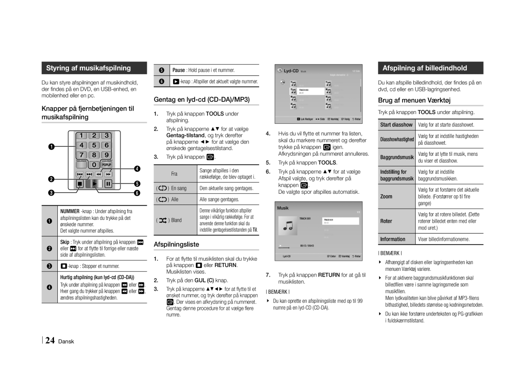 Samsung BD-E5500/XE manual Afspilning af billedindhold, Gentag en lyd-cd CD-DA/MP3, Knapper på fjernbetjeningen til 