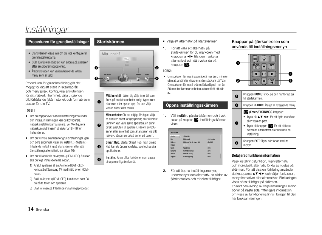 Samsung BD-E5500/XE manual Inställningar, Startskärmen, Öppna inställningsskärmen, Detaljerad funktionsinformation 