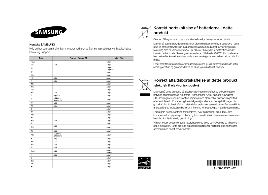 Samsung BD-E5500/XE manual Korrekt bortskaffelse af batterierne i dette produkt 