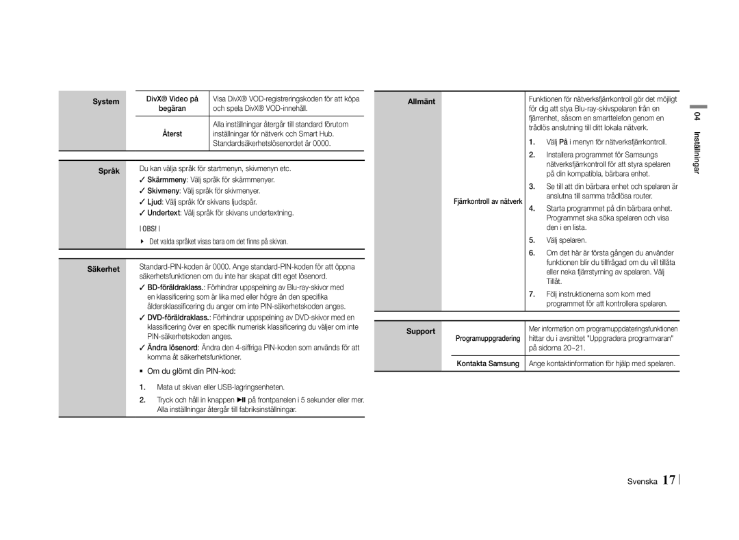 Samsung BD-E5500/XE manual Språk, Säkerhet, Allmänt, Support 