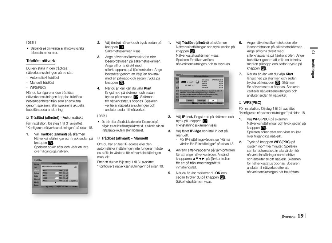 Samsung BD-E5500/XE manual ĞĞ Trådlöst allmänt Automatiskt, ĞĞ Trådlöst allmänt Manuellt, Inställningar Svenska 