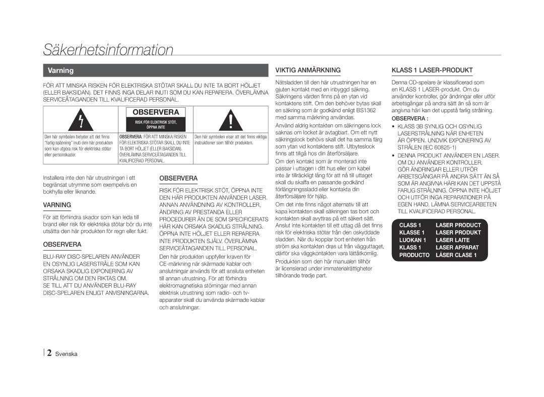 Samsung BD-E5500/XE manual Säkerhetsinformation, Varning, OM DU Använder Kontroller, GÖR Ändringar Eller Utför 