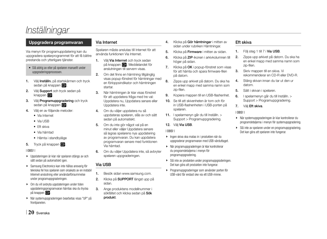 Samsung BD-E5500/XE manual Uppgradera programvaran 