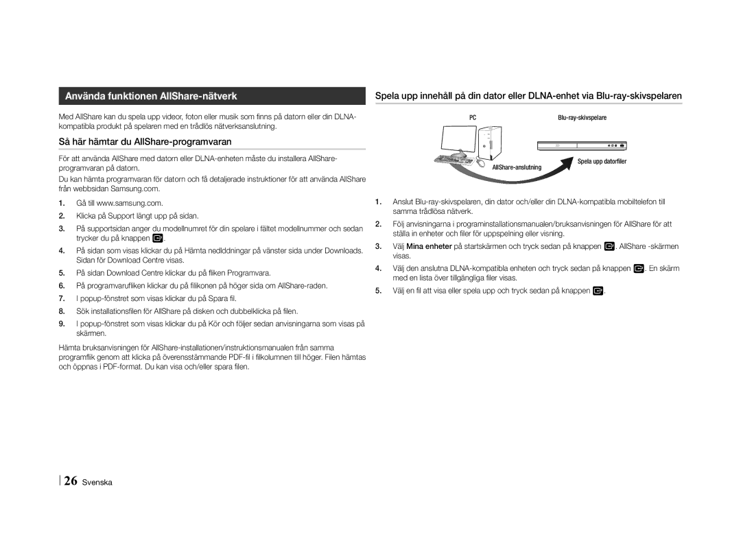 Samsung BD-E5500/XE manual Använda funktionen AllShare-nätverk, Så här hämtar du AllShare-programvaran, Blu-ray-skivspelare 