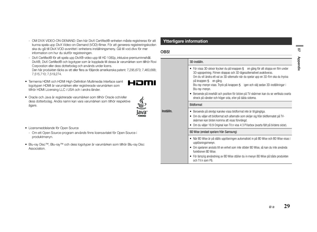 Samsung BD-E5500/XE manual Ytterligare information, 3D-inställn, Bildformat, Skärmen kan bilden komma att visas förvrängd 