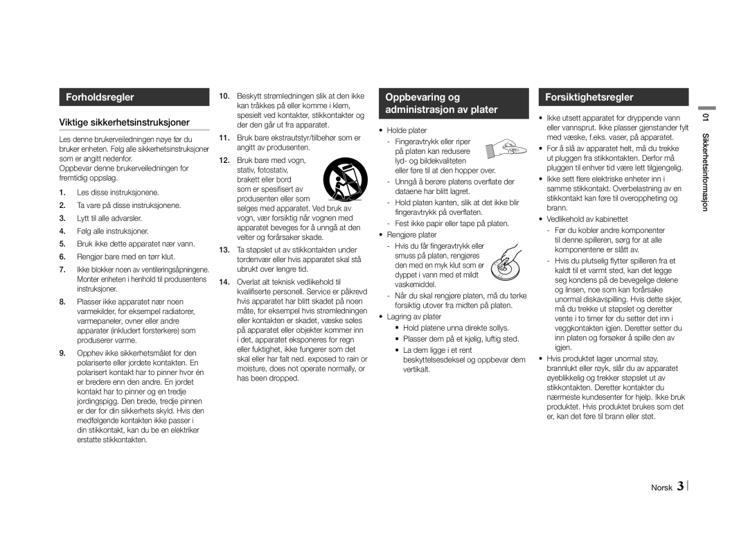 Samsung BD-E5500/XE Forholdsregler, Forsiktighetsregler, Viktige sikkerhetsinstruksjoner, Norsk Sikkerhetsinformasjon 