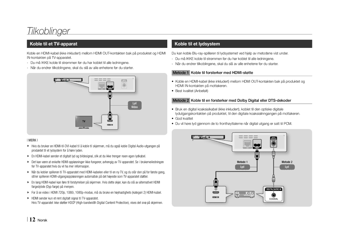 Samsung BD-E5500/XE manual Tilkoblinger, Koble til et TV-apparat, Koble til et lydsystem 