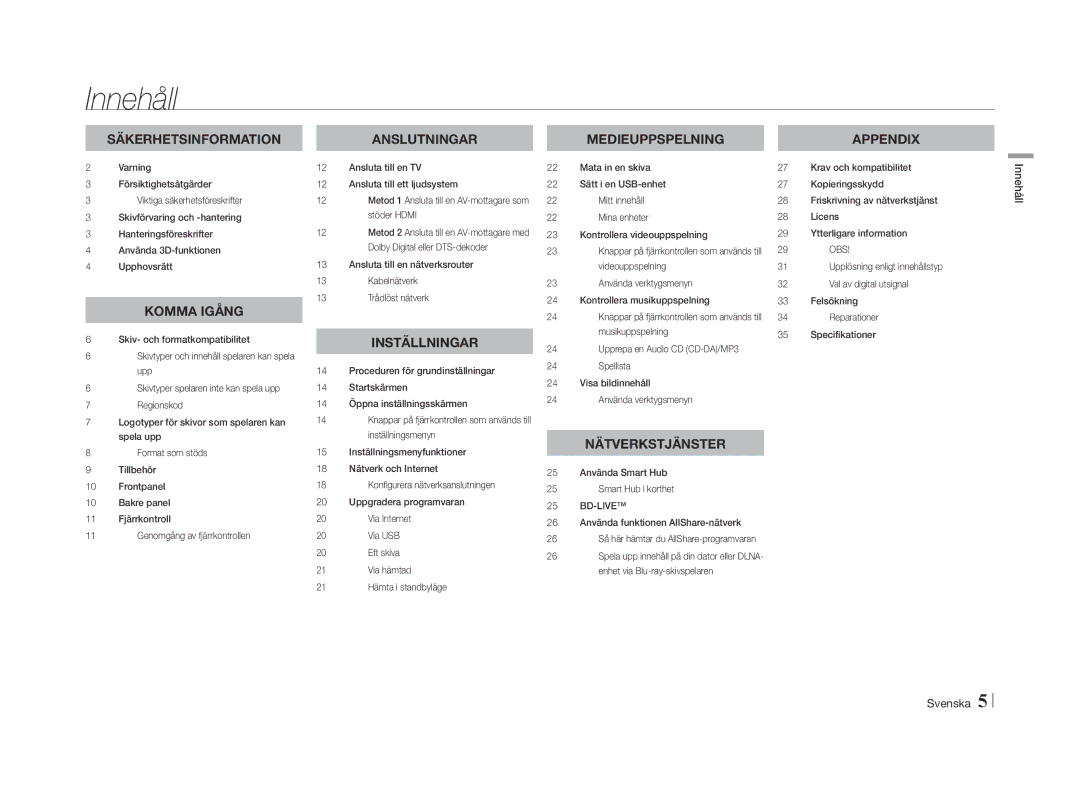 Samsung BD-E5500/XE manual Innehåll Svenska 