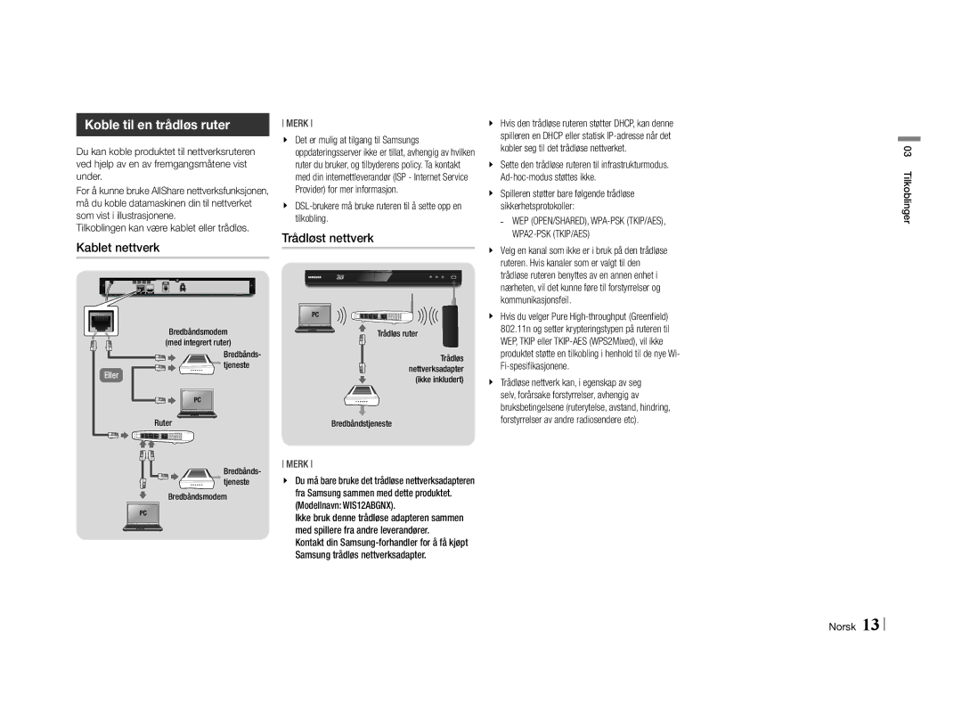 Samsung BD-E5500/XE manual Koble til en trådløs ruter, Kablet nettverk, Trådløst nettverk, Tilkoblinger 