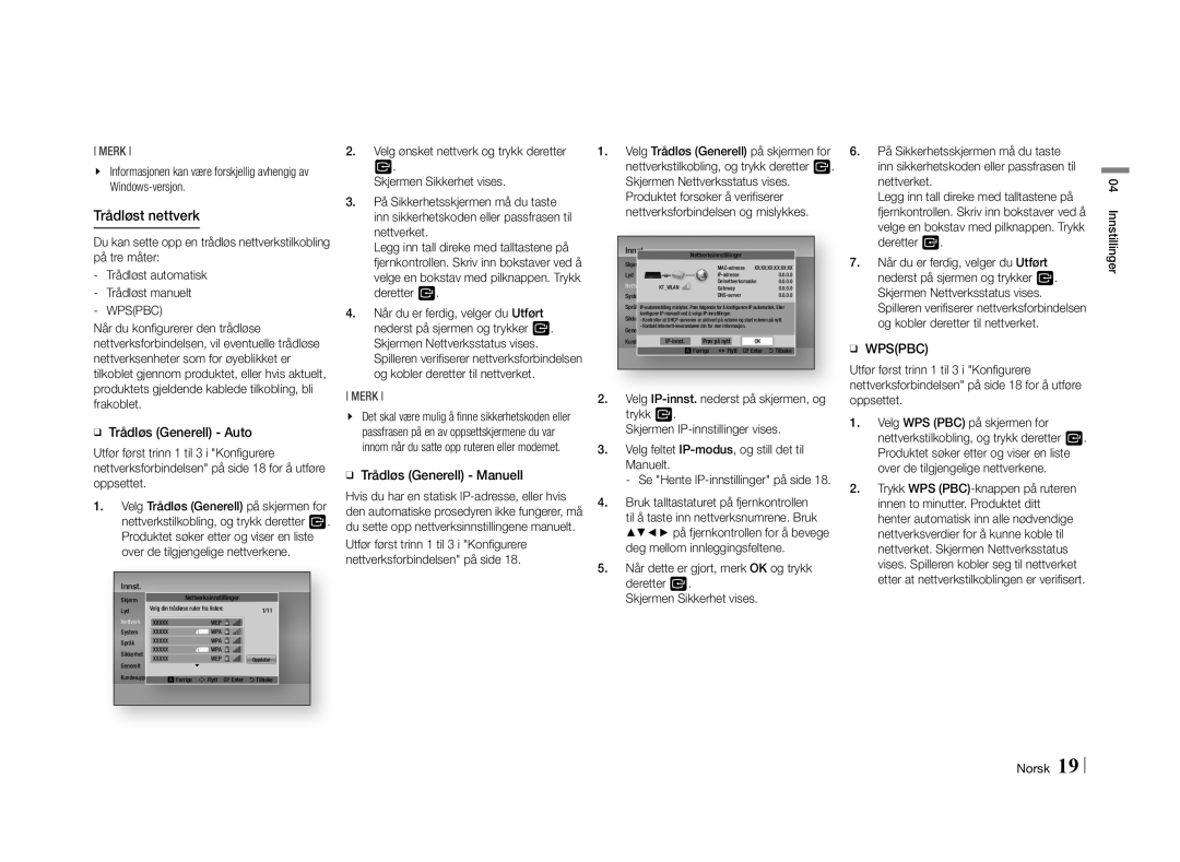 Samsung BD-E5500/XE manual ĞĞ Trådløs Generell Auto, ĞĞ Trådløs Generell Manuell, Innstillinger Norsk 