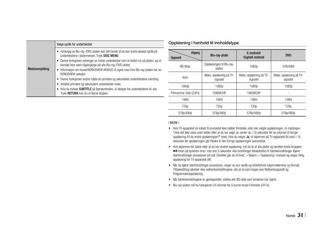 Samsung BD-E5500/XE manual Oppløsning i henhold til innholdstype, Medieavspilling Velge språk for undertekster, Oppsett 