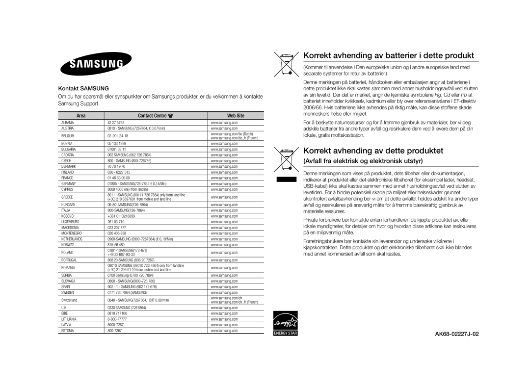 Samsung BD-E5500/XE manual Korrekt avhending av batterier i dette produkt 