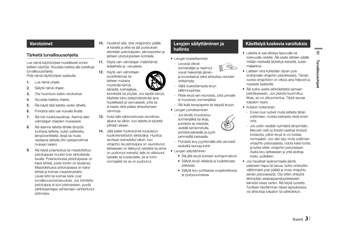 Samsung BD-E5500/XE manual Varotoimet, Levyjen säilyttäminen ja hallinta, Käsittelyä koskevia varoituksia 