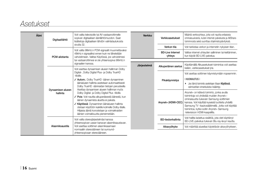 Samsung BD-E5500/XE manual Ääni, Verkko, Järjestelmä 