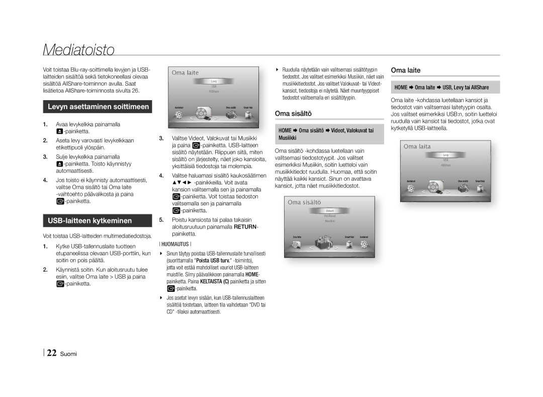 Samsung BD-E5500/XE manual Mediatoisto, Levyn asettaminen soittimeen, USB-laitteen kytkeminen, Oma laite, Painiketta 