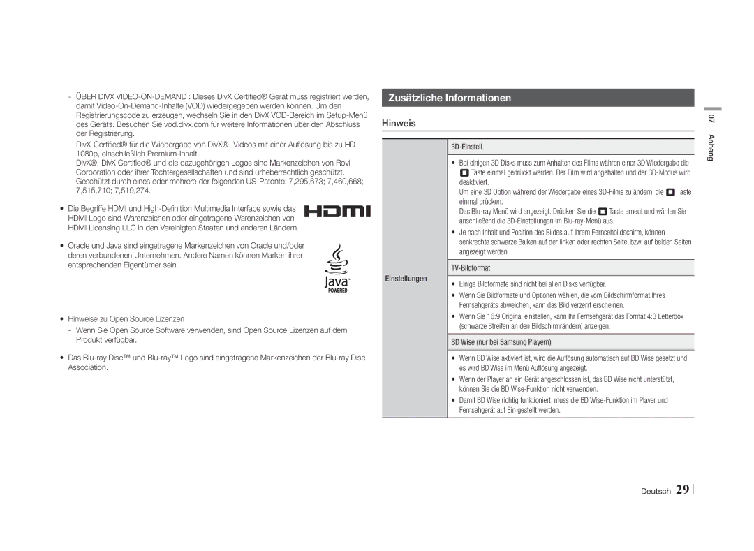 Samsung BD-E5500/TK, BD-E5500/XN manual Zusätzliche Informationen, Hinweis, BD Wise nur bei Samsung Playern, Anhang Deutsch 