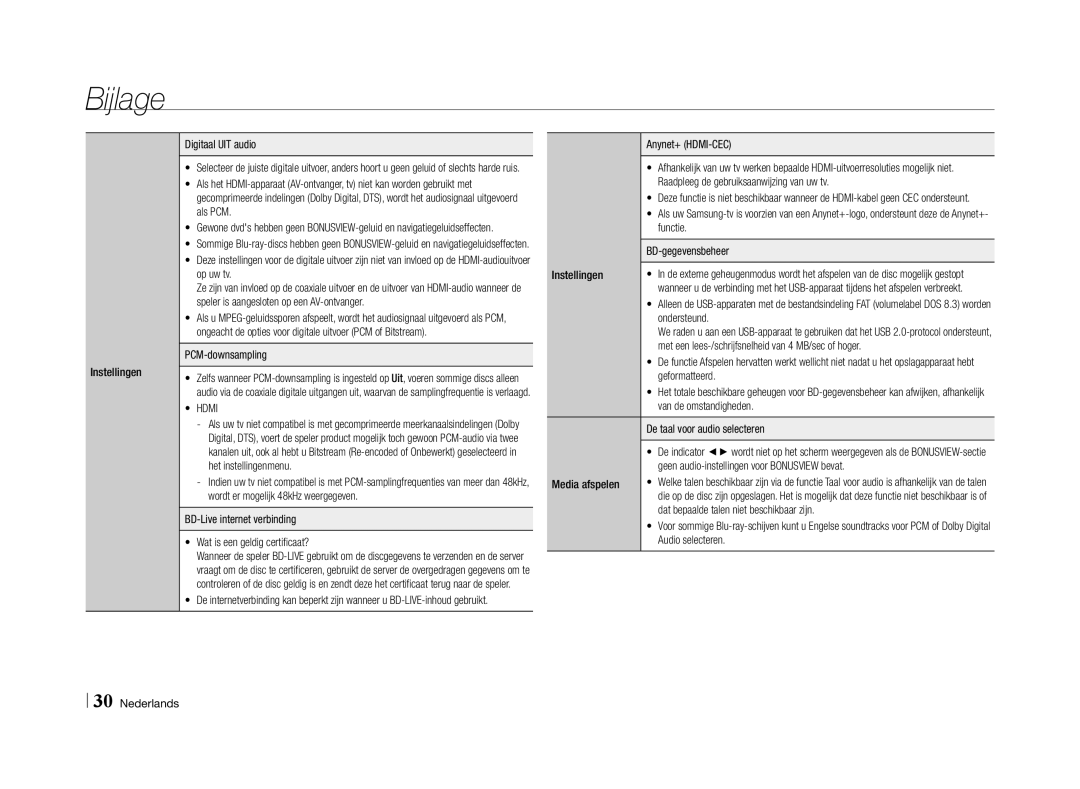 Samsung BD-E5500/XN Instellingen Digitaal UIT audio, Ondersteund, Met een lees-/schrijfsnelheid van 4 MB/sec of hoger 