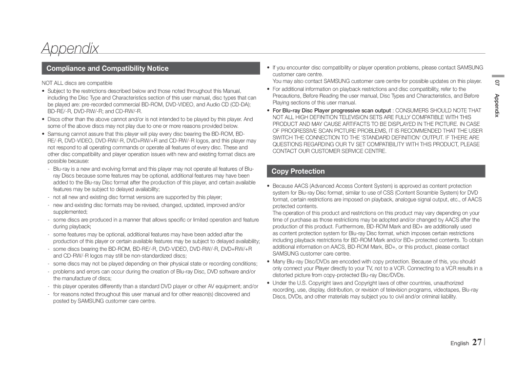 Samsung BD-E5500/TK manual Appendix, Compliance and Compatibility Notice, Copy Protection, Not ALL discs are compatible 