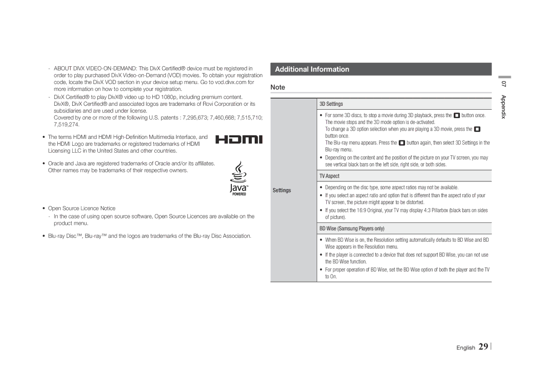 Samsung BD-E5500/XE Additional Information, 3D Settings, TV Aspect, TV screen, the picture might appear to be distorted 