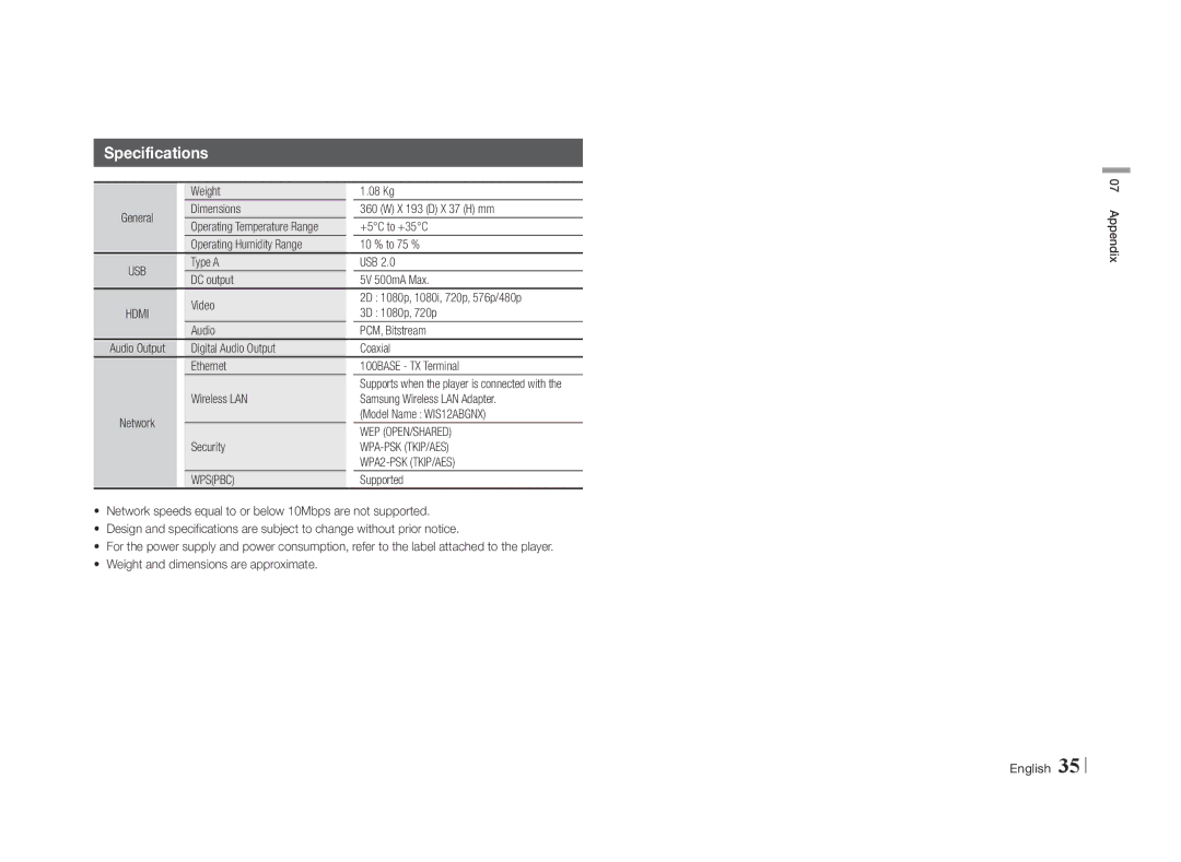 Samsung BD-E5500/XN, BD-E5500/EN, BD-E5500/TK Specifications, Wep Open/Shared, Wpa-Psk Tkip/Aes, WPA2-PSK TKIP/AES, Wpspbc 