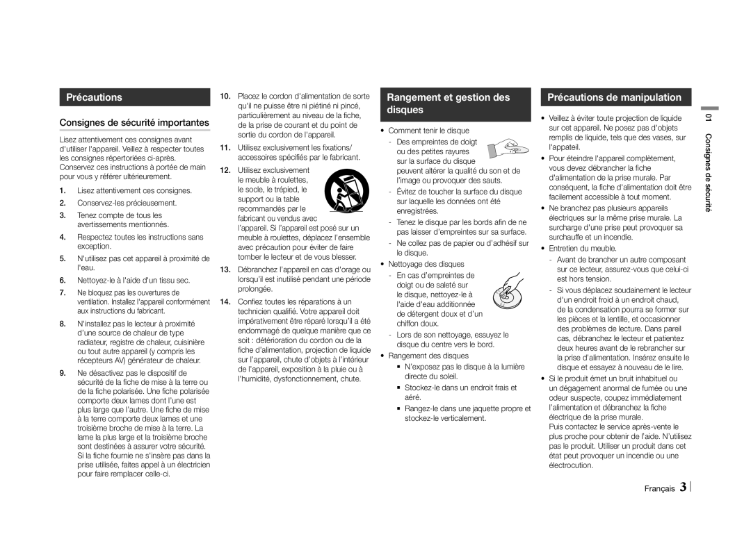 Samsung BD-E5500/XE Rangement et gestion des disques, Précautions de manipulation, Consignes de sécurité importantes 