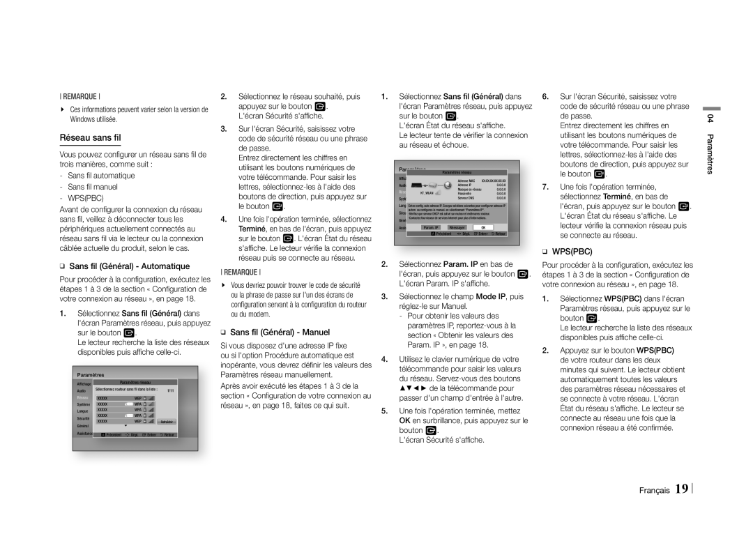 Samsung BD-E5500/XN, BD-E5500/EN manual ĞĞ Sans fil Général Automatique, ĞĞ Sans fil Général Manuel, Paramètres Français 