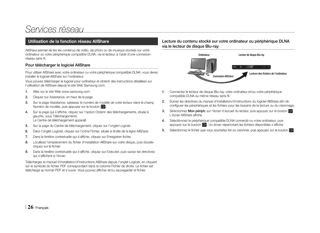 Samsung BD-E5500/TK, BD-E5500/XN manual Utilisation de la fonction réseau AllShare, Pour télécharger le logiciel AllShare 