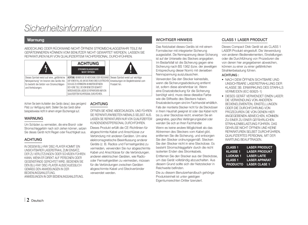 Samsung BD-E5500/XN, BD-E5500/EN, BD-E5500/TK, BD-E5500/ZF, BD-E5500/XE manual Sicherheitsinformation, Warnung 