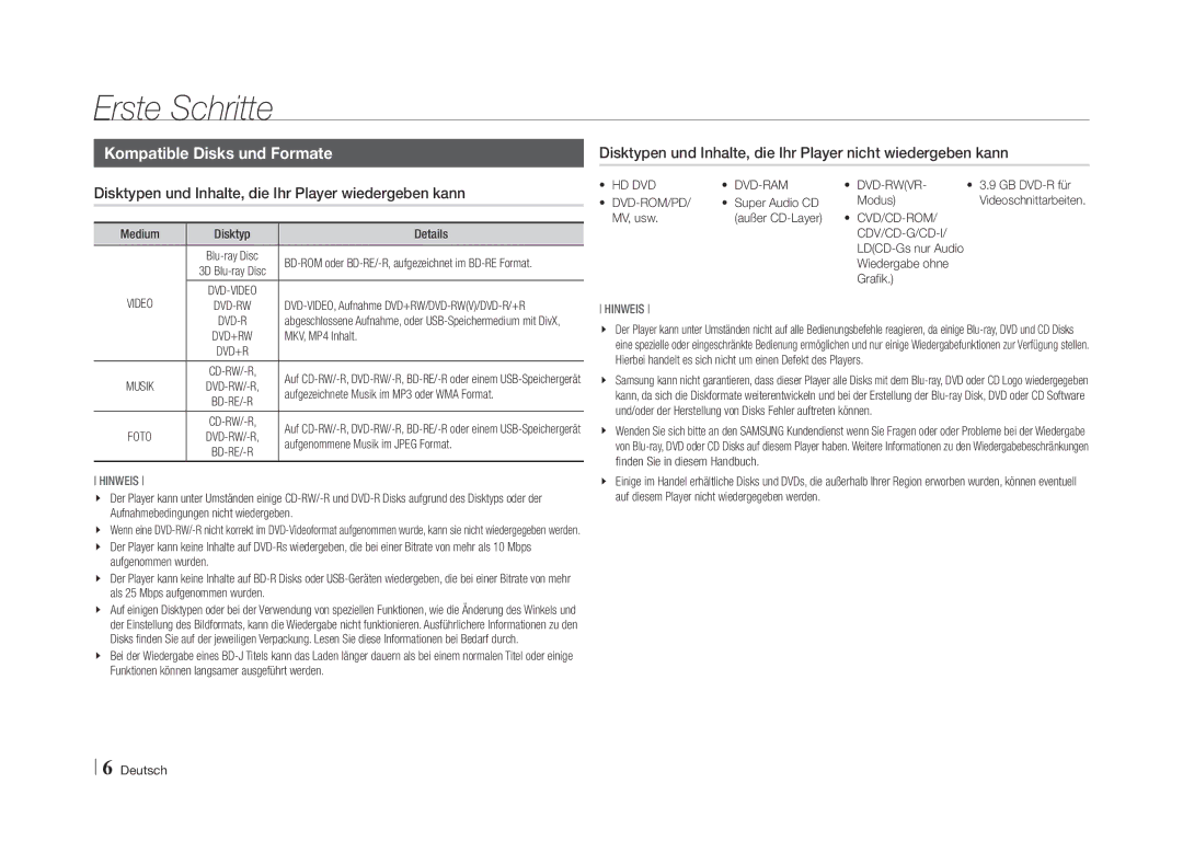 Samsung BD-E5500/XE, BD-E5500/XN, BD-E5500/EN, BD-E5500/TK, BD-E5500/ZF manual Erste Schritte, Kompatible Disks und Formate 