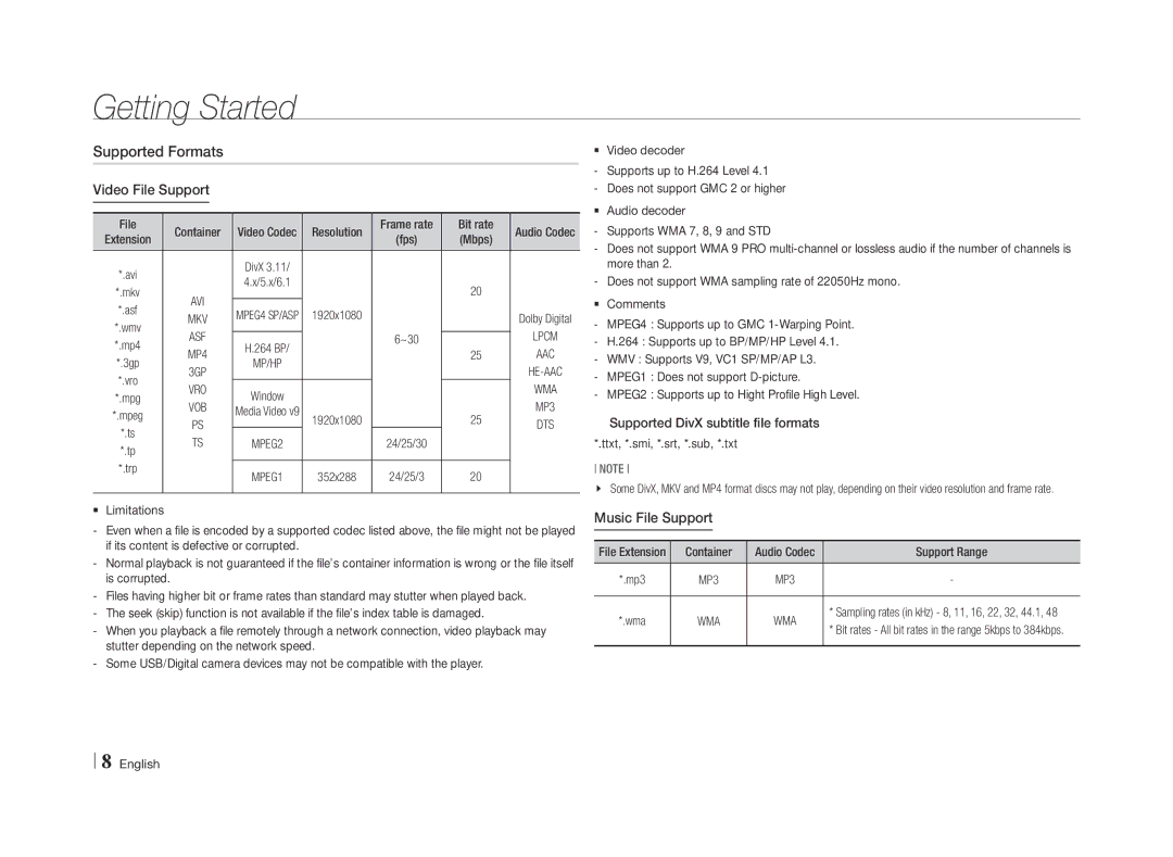 Samsung BD-E5500/ZF, BD-E5500/XN, BD-E5500/EN manual Supported Formats Video File Support, Music File Support, Vro, Wma 