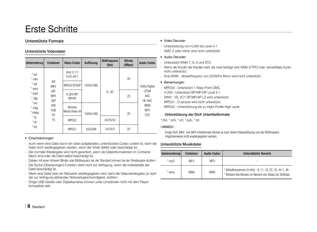 Samsung BD-E5500/EN Unterstützte Formate Unterstützte Videodatei, Unterstützte Musikdatei, Auflösung, `` Einschränkungen 