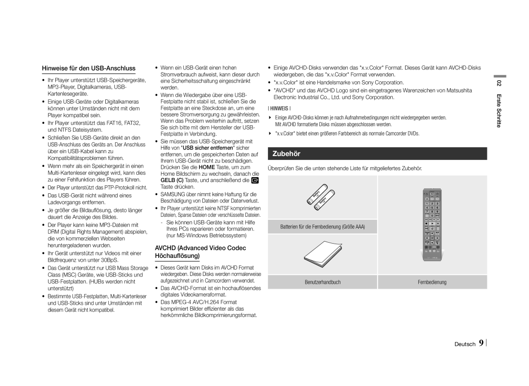 Samsung BD-E5500/TK, BD-E5500/XN manual Zubehör, Hinweise für den USB-Anschluss, Avchd Advanced Video Codec Höchauflösung 