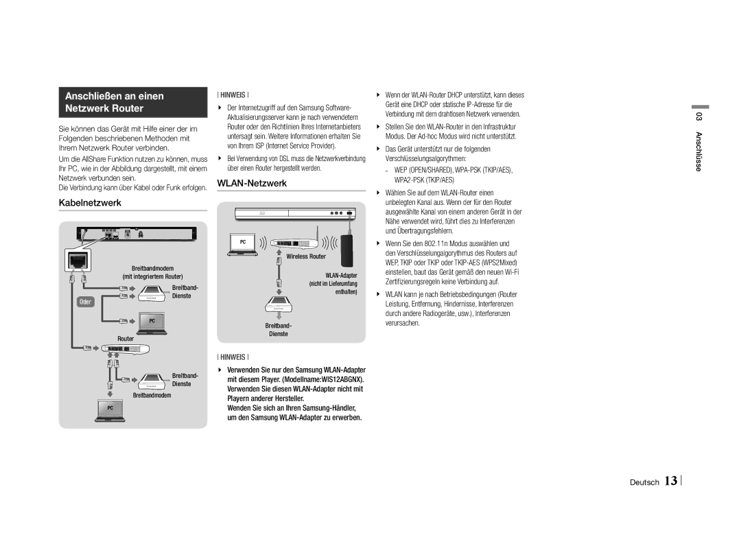 Samsung BD-E5500/EN, BD-E5500/XN Anschließen an einen Netzwerk Router, Kabelnetzwerk, WLAN-Netzwerk, Anschlüsse Deutsch 