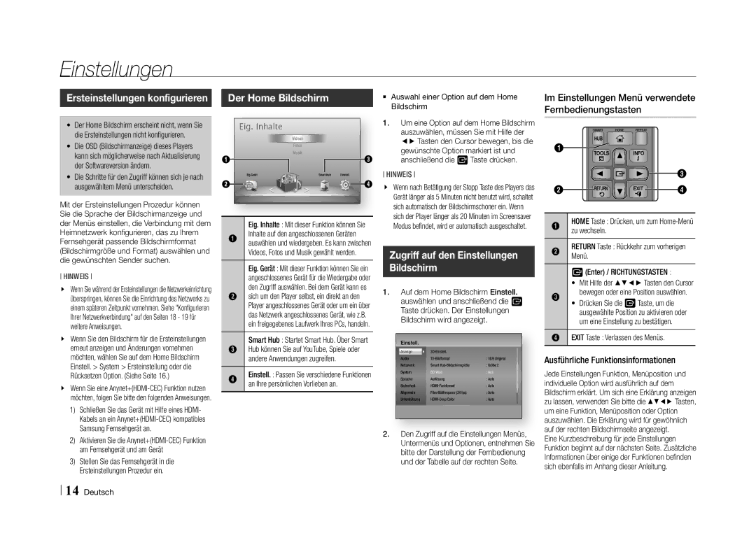 Samsung BD-E5500/TK, BD-E5500/XN, BD-E5500/EN, BD-E5500/ZF manual Der Home Bildschirm, Zugriff auf den Einstellungen 